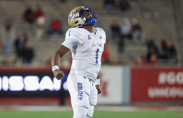 Nov 26, 2022; Houston, Texas, USA; Tulsa Golden Hurricane quarterback Braylon Braxton (1) celebrates on the field after the Golden Hurricane defeated the Houston Cougars at TDECU Stadium. Mandatory Credit: Troy Taormina-USA TODAY Sports